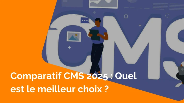 Illustration comparatif CMS 2025 : homme consultant une tablette devant le mot CMS, symbolisant le choix du meilleur système de gestion de contenu.