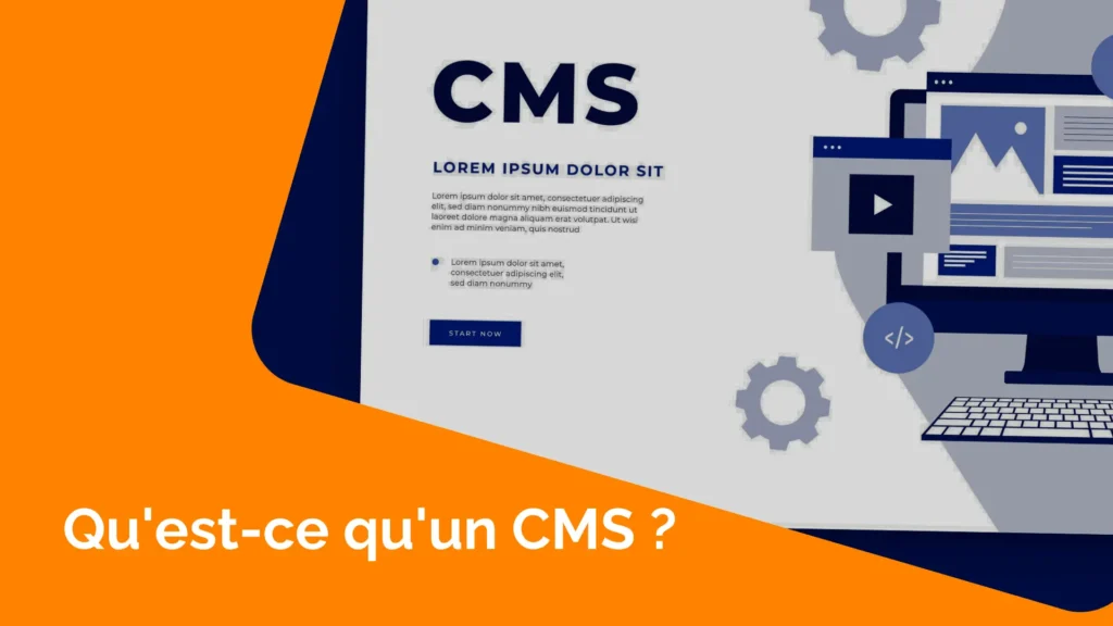 Illustration représentant un CMS avec une interface web et des éléments graphiques symbolisant la gestion de contenu.
