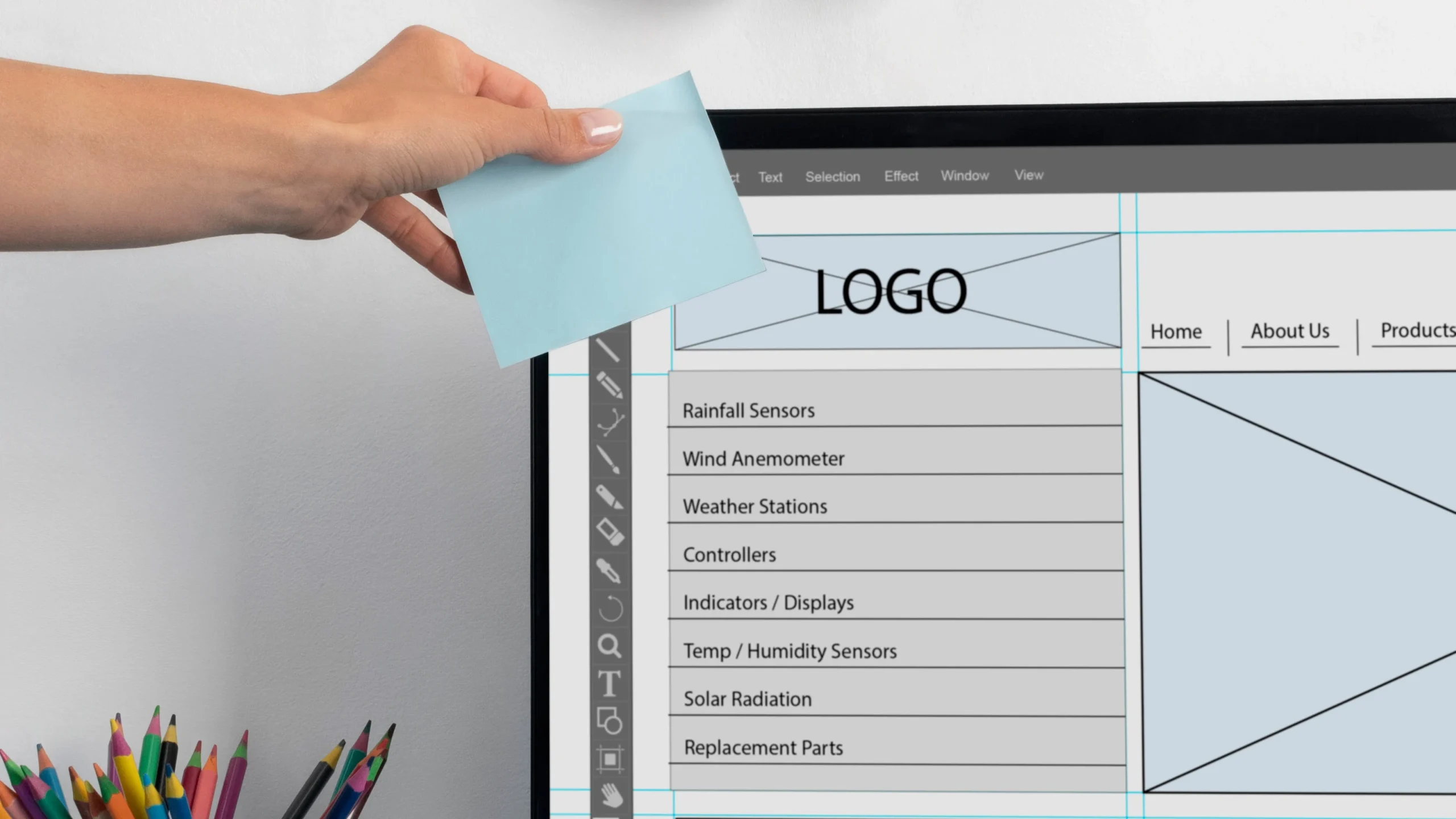 Wireframe de la structure d’une page web affiché sur un écran, illustrant la disposition des éléments UI et du menu.